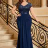 【Plus Size】missmay P54514A Women's Plus Size Elegant Short Sleeves Double V-Neck Sequin Lace Contrast Ruched Bodycon Mermaid Hem Maxi Dress, Ideal for Bridal Events, Festival Gatherings, Lady Homecoming & Formal Party Occasions