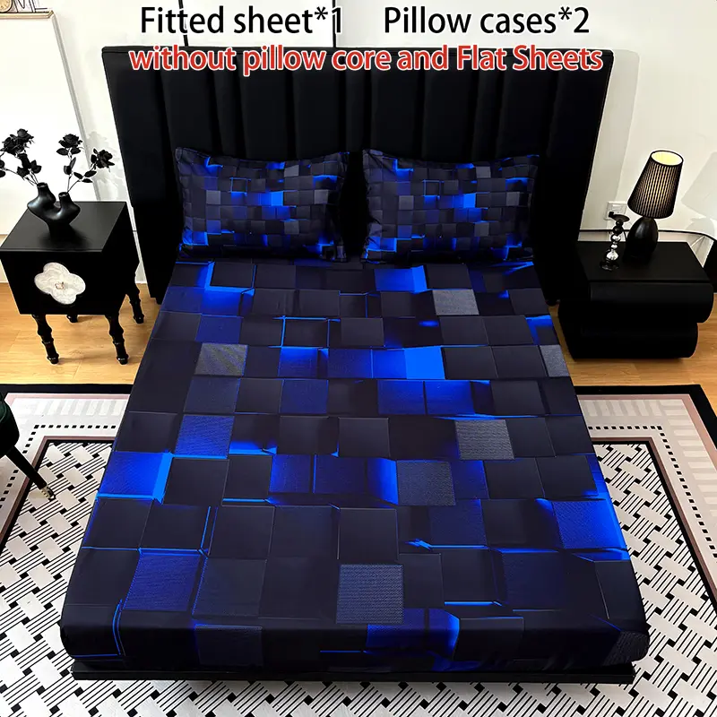 3-piece multi-pattern fitted sheet set (1 fitted sheet  + 2 pillowcases without filler), deep pocket 15 inches machine washable, low allergenic, high quality mattress protector for bedrooms, dorm rooms, HD printed all-season room decoration Bedding Suppli
