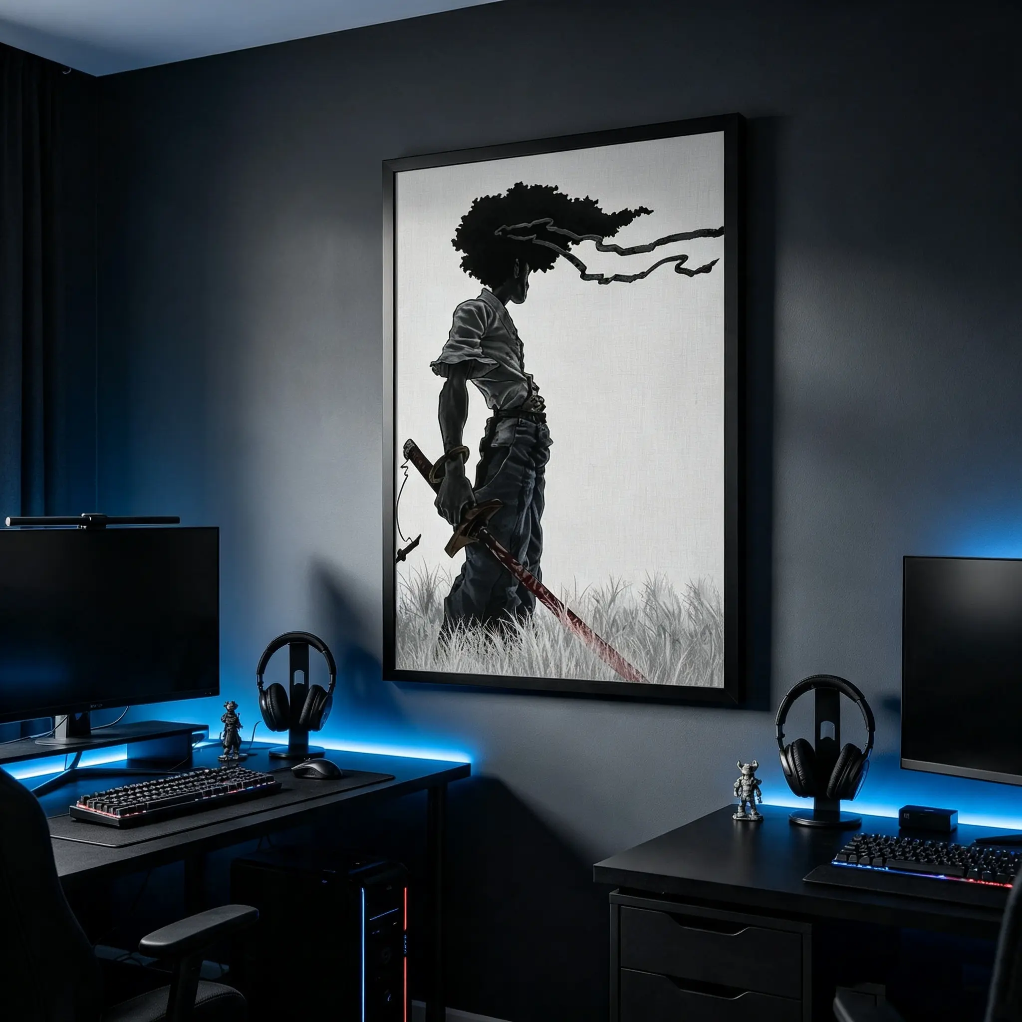 Afro Samurai Anime Canvas Poster, Black-and-White Samurai Warrior Vintage Manga Wall Art, Home Decor for Teen Bedroom & Game Room, Collectible Gift for Anime Fans