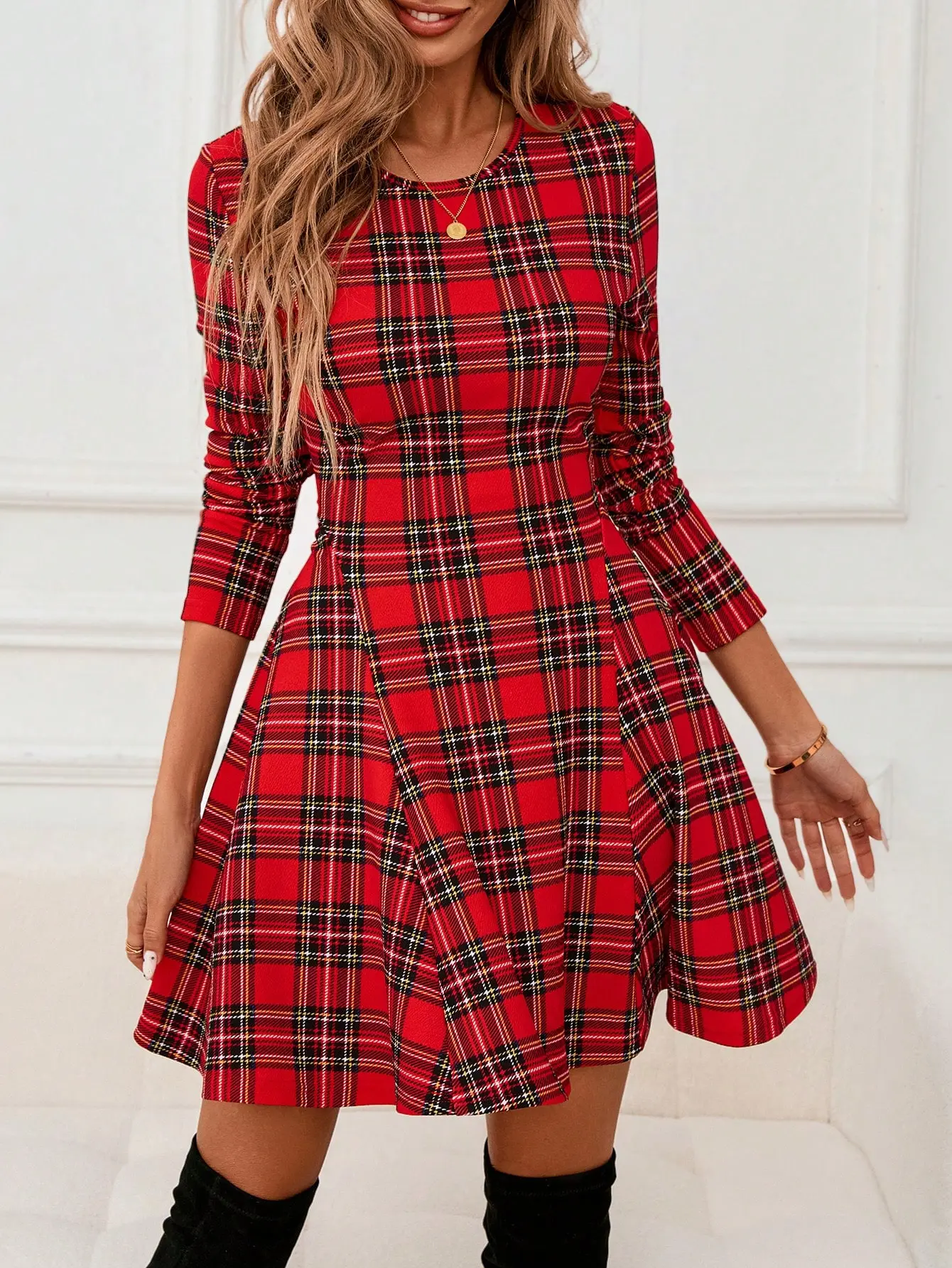 Christmas Round Neck A-Line Plaid Print Casual & Formal Mini Dress For Women, Autumn/Winter