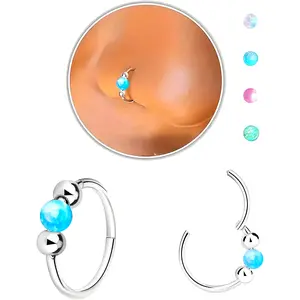 3 Pieces Hypoallergenic Surgical Steel Nose Rings - Blue Opal Hoop Earrings For Women, 18G Hinged Septum, Helix, Cartilage & Daith Tragus Piercings - Versatile Fashion Jewelry For Casual Attire