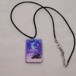 Tarot Card Necklace Full of Colors and an Elegant Black Cat Design The Moon Pendant on Black Cord