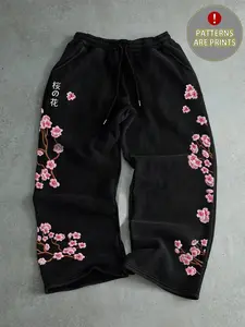 Men's Casual Loose Fit Sport Pants, Sakura Pattern Printed Drawstring Wide Leg, All Season Comfort Streetwear Fashion Long Trousers