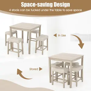 COSTWAY - 5 Pieces Bar Table Set with Square Table and 4 Padded Stools-Gray