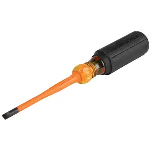 Klein Tools 6924INS 1000V Slim Tip Insulated Screwdriver, 4-Inch Round Shank, 1/4-Inch Cabinet Tip, Cushion Grip Handle