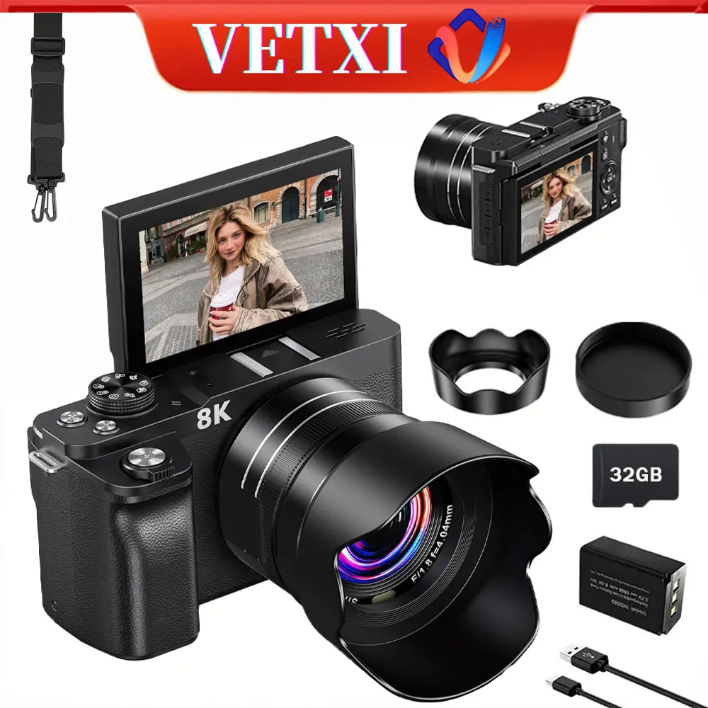 8K Digital Camera, 88MP Cameras for Photography, Vlogging Camera for YouTube with 3" 180° Flip Screen, 18X Zoom UHD Autofocus Video Camara with Lens Hood, 32GB Card