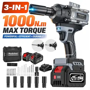 1000 N.m Cordless Impact Wrench, All-Metal Cordless Impact Gun with 2 * 4.0Mah, 3-IN-1 Electric Impact Wrench with 5 Sleeves, High Torque 1/2 Impact Wrench