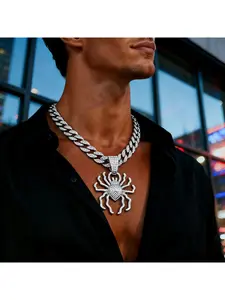 Hip Hop Full Rhinestone Personalized Exaggerated 3D Big Spider Alloy Pendant, Cuban Chain Men's Necklace, Unisex