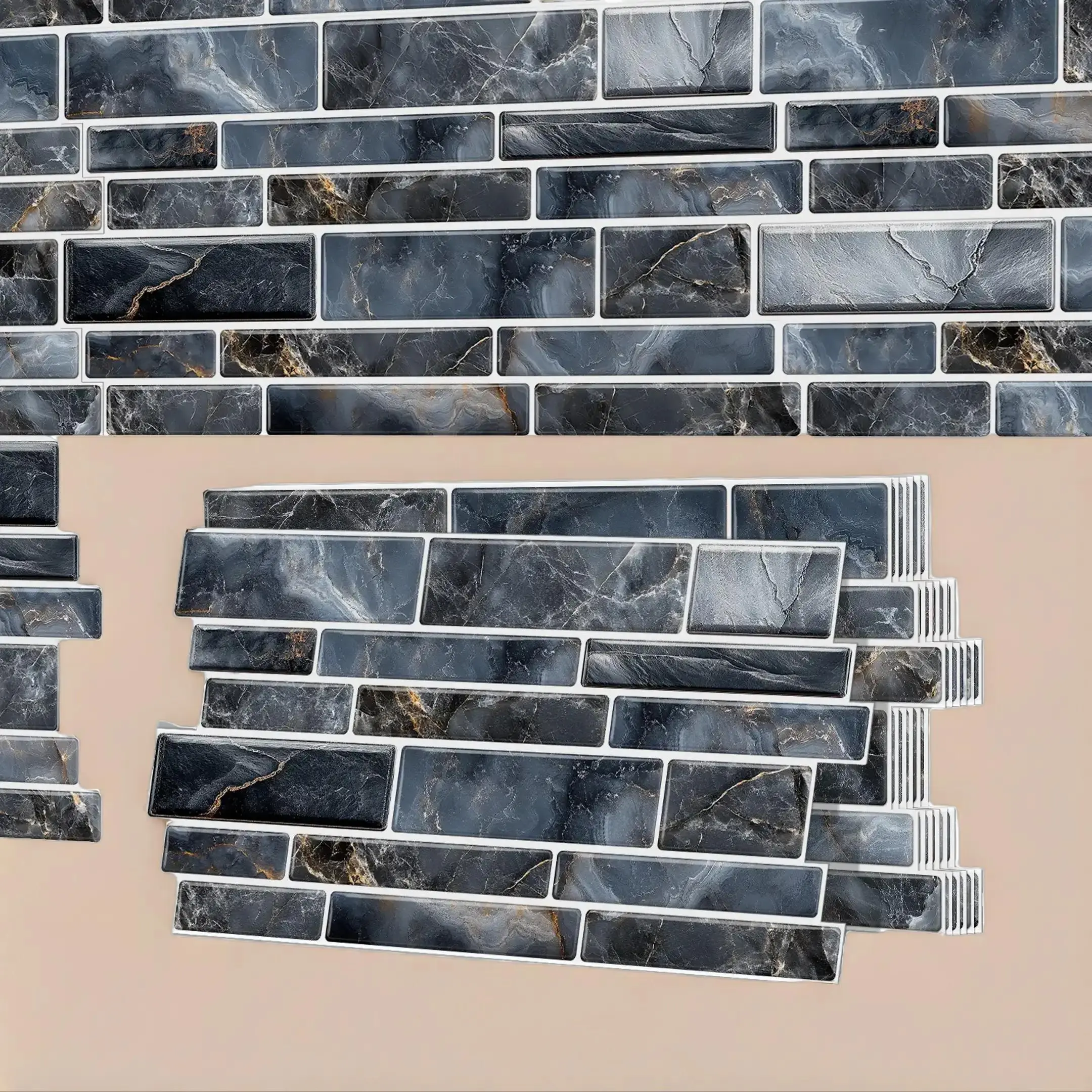 Tile Decorative Stickers Marble Pattern Kitchen Living Room Remodeling Wall Design Self-Adhesive Peel & Stick Tiles Flipover Tile Sticker