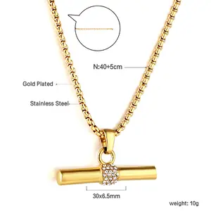 INS Minimalist Geometric Diamond-Embellished Stainless Steel Thin Chain Collarbone T-Bar Necklace, Fashion Costume Jewelry, Thin Chain Necklaces