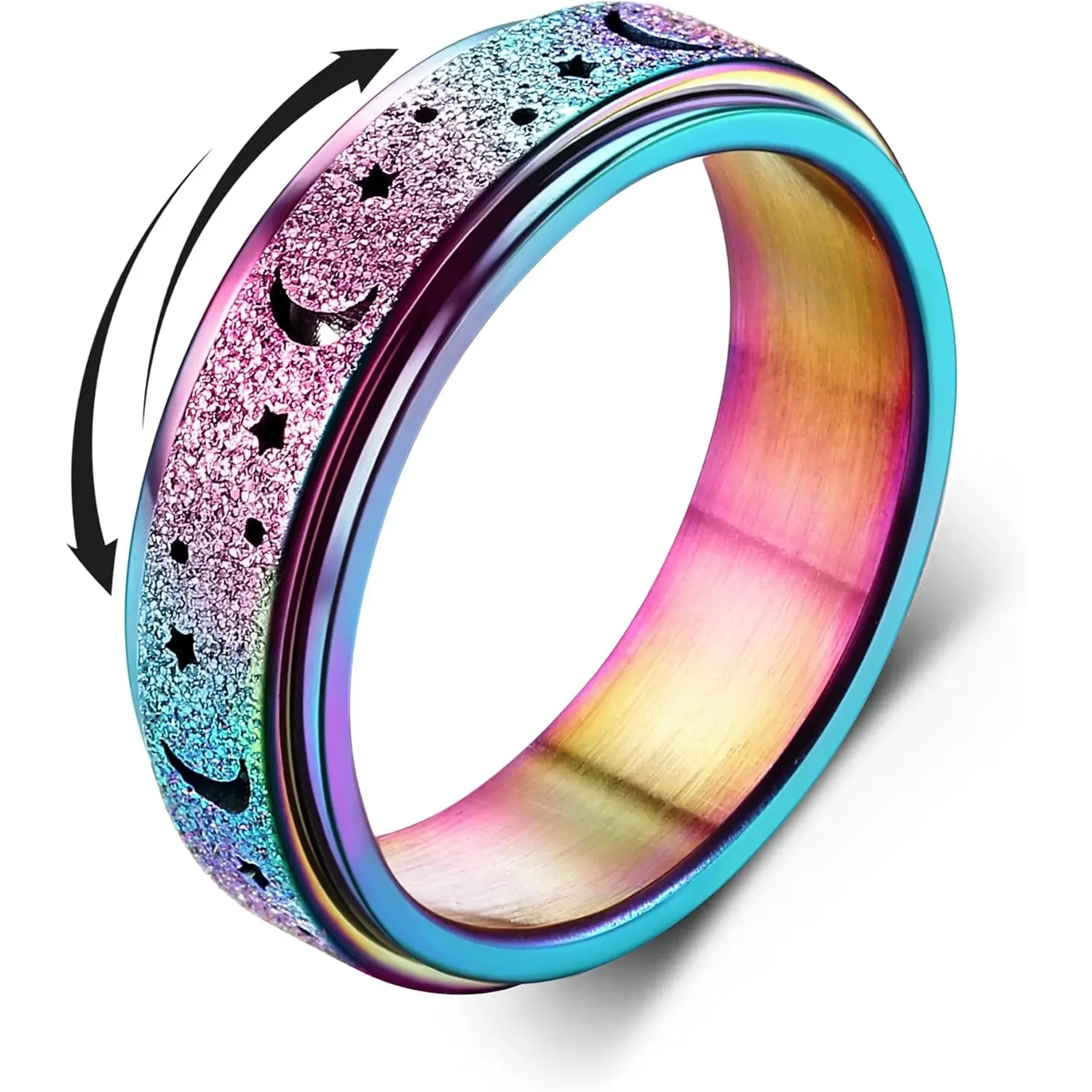 Stainless Steel Fidget Ring for Men and Women, 17mm Glitter Sandblast Spinner Band for Stress and Anxiety Relief, Round Ring, Engagement Ring