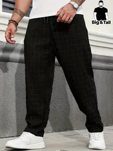 Men's Plus Size High-Quality Tall Plaid Pants, Loose Fit Casual Pants, Drawstring Waist Multi-Pocket Street Style Long Pants, Retro Trendy Sports Pants