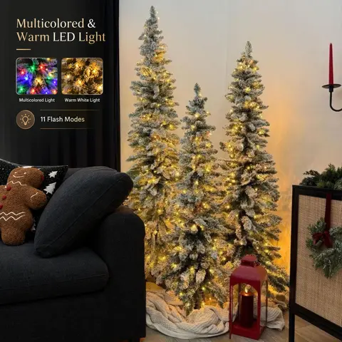 COSTWAY Pre-Lit Christmas Tree Set of 3, Snow Flocked Slim Pencil Artificial Xmas Trees with Multi-Color & Warm-White LED Lights, Home Festive Holiday Decoration