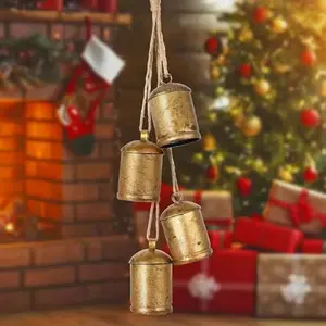 4pcs Christmas cowbells, large Christmas vintage gold cowbells decorated with country Christmas bells and jute lanyard handles