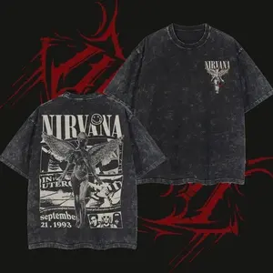 Retro Limited Nirvana Band Tour Black 2-Sided Vintage Tee Graphic Unisex Oversize Rock Band Washed Heavyweight Cotton T-shirt Gift For Rock Music Lovers Vintage Band Shirts Casual Fabric Fit Top Womenswear Streetwear 2X4