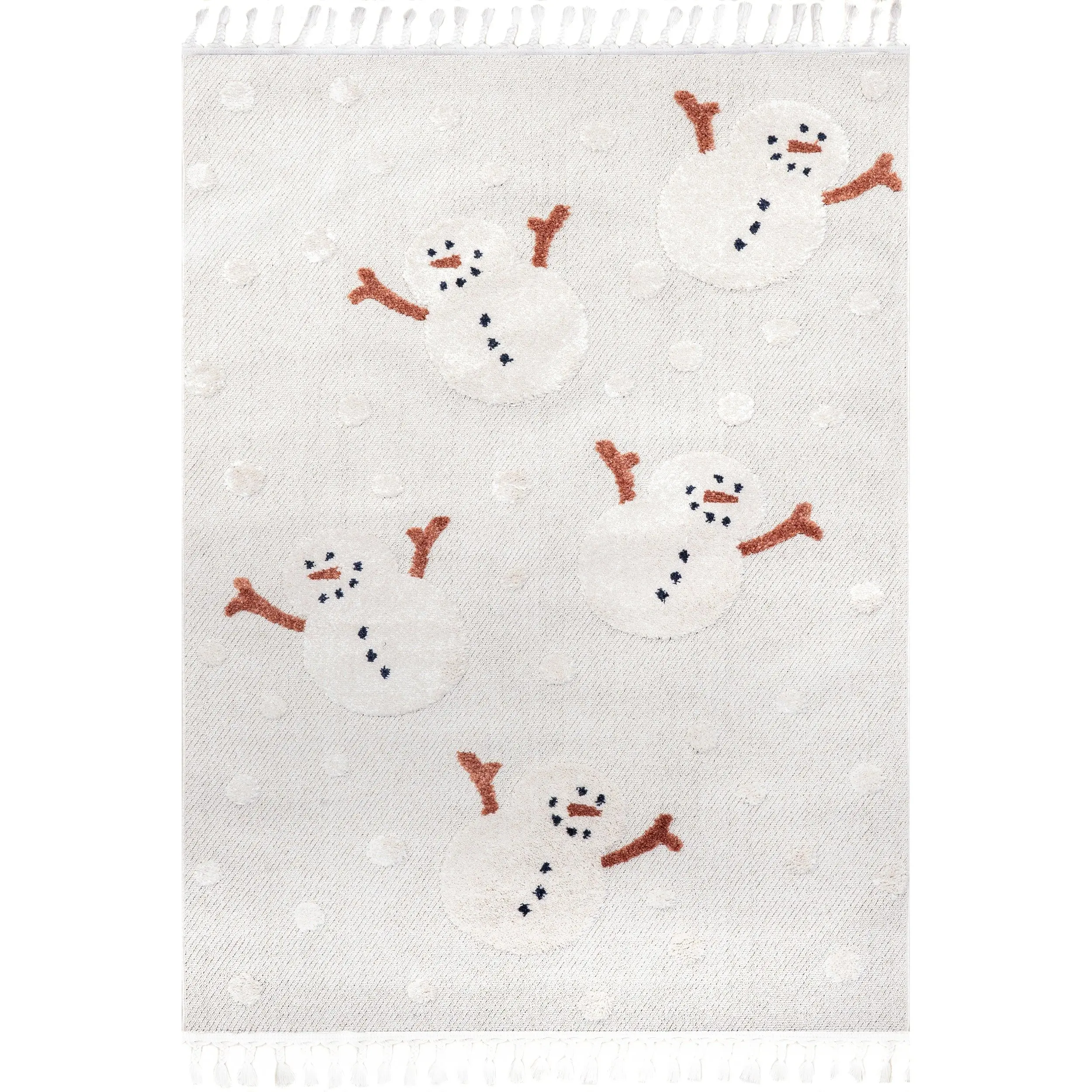 Kilah Snowmen High-Low Kids Area Rug with 3.94" Braided Tassels, Rectangle, for Baby Nursery, Nursery Decor, Kid Room, Bedroom