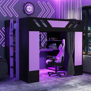 Full Size Wood Loft Bed Frame with,Shelves,Blackout Curtains,and RGB Lights,Black+Purple
