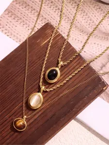 3-piece Antique Stainless Steel Fried Dough Twists Chain Tiger Eye Stone Pendant Gift Necklace for Women and Men Simple Minimalist Stackable Clavicle Daily Commuting Versatile Folding Personality Necklace Set