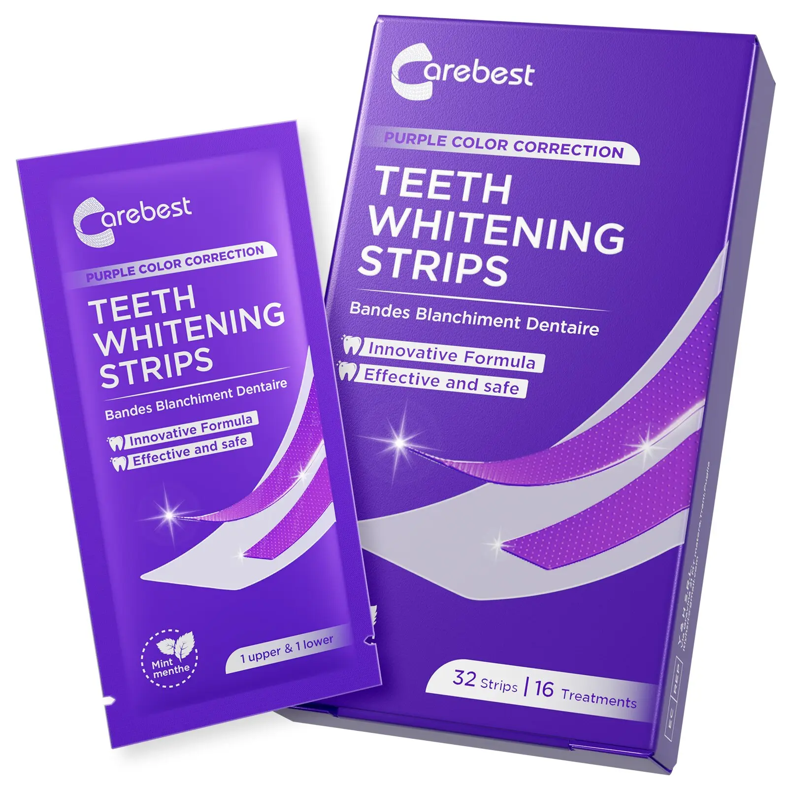 Carebest Purple Oral Teeth Whitening Strips Kit - Mild, Safe for Enamel, Sensitive Teeth - Intensive Whitening with Gel, Mint Essence & 16 Treatments, Purple Whitening Strips