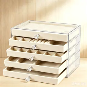 5 Layer Jewelry Organizer Box with Clear Lid, Stackable Jewelry Storage Case with Drawers for Rings Earrings Necklaces Watches, Elegant Vanity Desktop Organizer for Dresser Bedroom Countertop