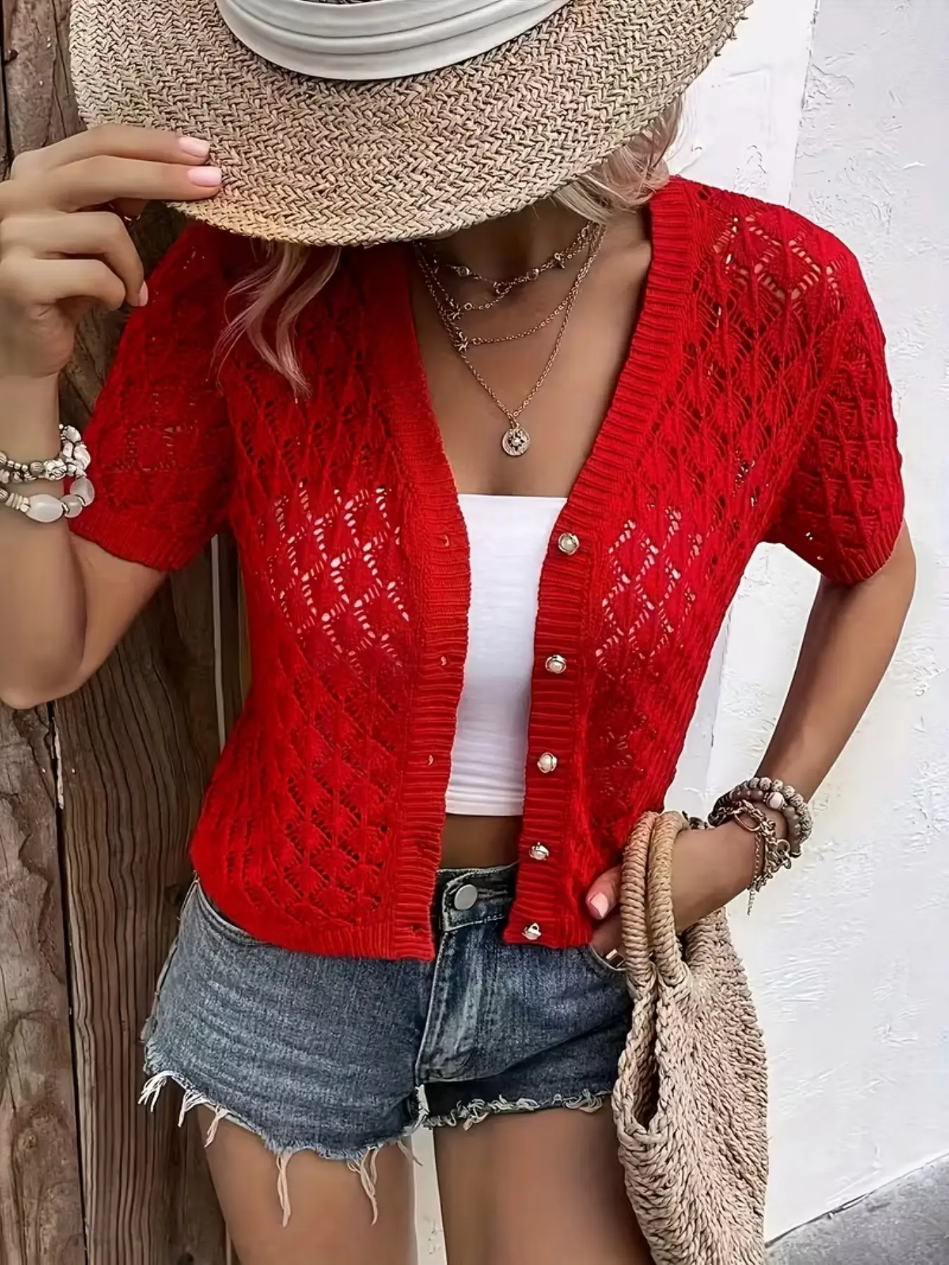 Women's Spring/summer Cardigan, V-Neck Short-Sleeve Top, Loose Hollow-Out Design, Vintage Style, Beach Vacation, Random Pattern