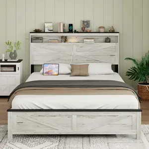 Farmhouse Platform Bed Frame with Storage Headboard, Charging Station & Touch Light, White