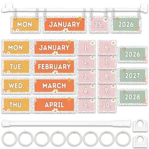 Retro Groovy Flip Calendar Bulletin Board Set, Calendar With 53 Date Cards For Classroom, Adjustable Rod 15.7"-27.6", 8 O-rings, Mounting Hooks, Teacher & Homeschool Decor, Years 2026 - 2028