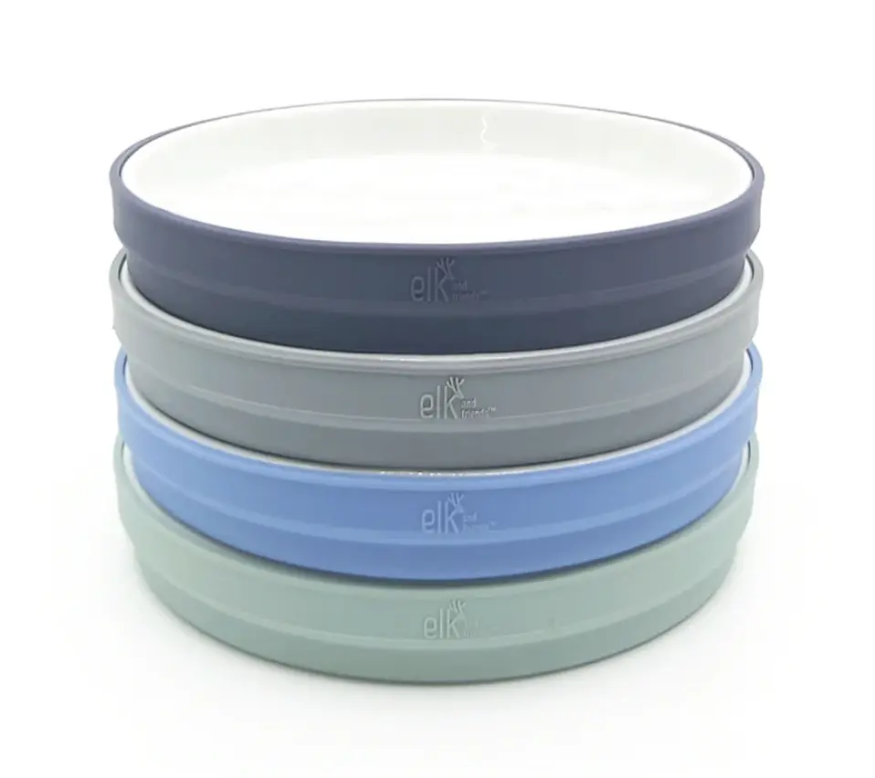 Elk and Friends Kids 7.8” Porcelain White Plates with Silicone Sleeves | Suitable for Babies/Toddlers | Microwave & Dishwasher Safe | Non Slip Dinnerware | Snack Dishes