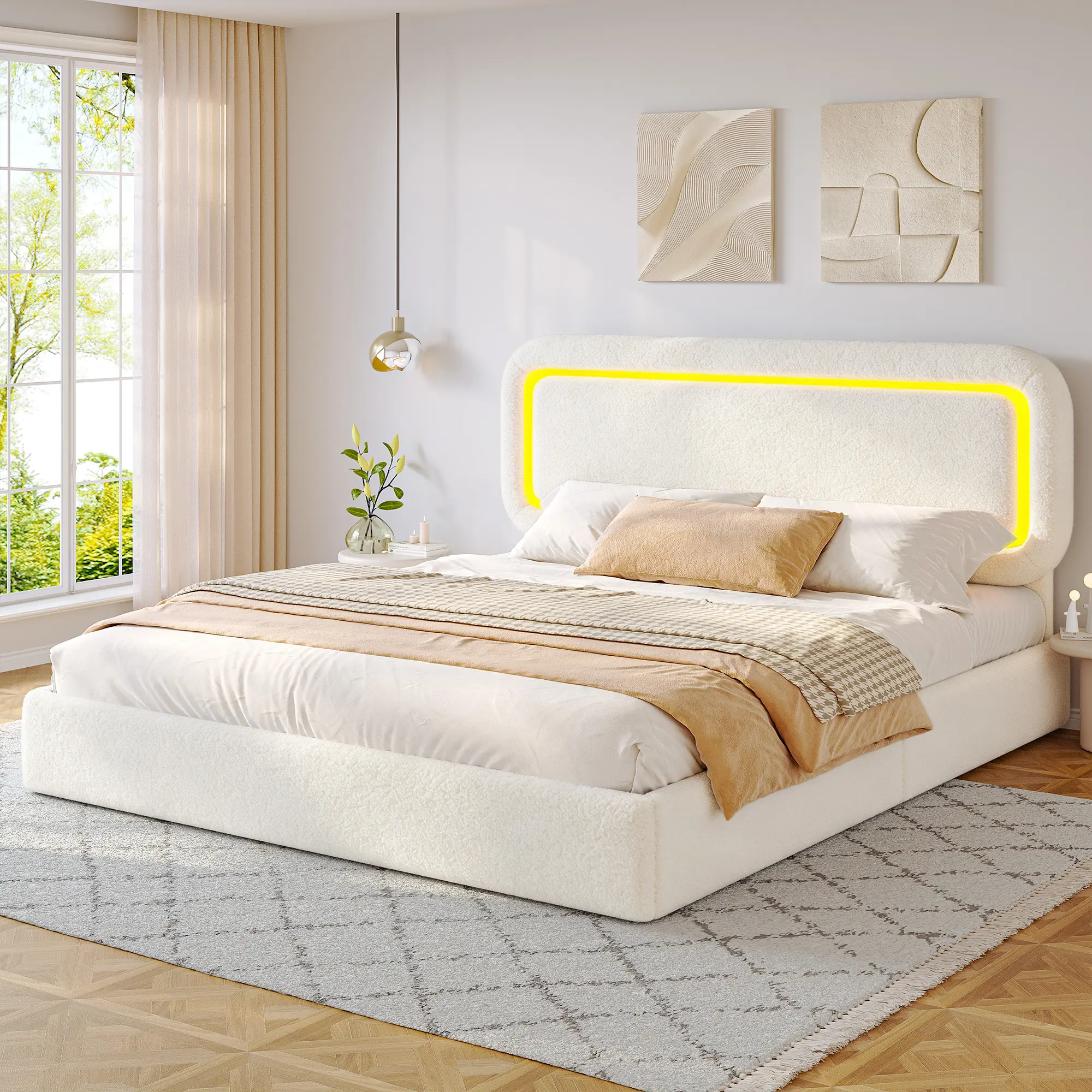 Raybee Luxury Boucle Fabric Full Queen Size Bed Frame, Upholstered LED Platform Bed Frames with Cozy Headboard, Modern Bedroom Furniture, Wood Slats & Metal Frame, Holds 880LBS, No Noise, No Box Spring Needed, Eazy Assembly, Gray, White