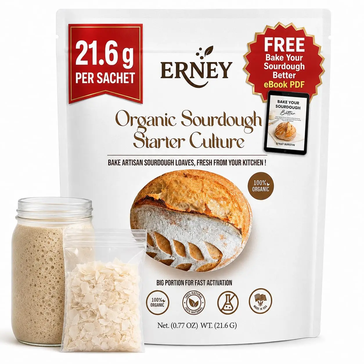 ERNEY Organic Dehydrated Sourdough Starter Sachet for Bread Making  Easy Artisan Yeast Powder for Pizza Crust Muffins & Homemade Loaves