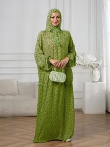 Middle East Fall Winter Hooded Drawstring Plus Size Fashion Floral Dress, Loose Fit Long Lantern Sleeves, Modest Casual Wear, Muslim Women Gowns