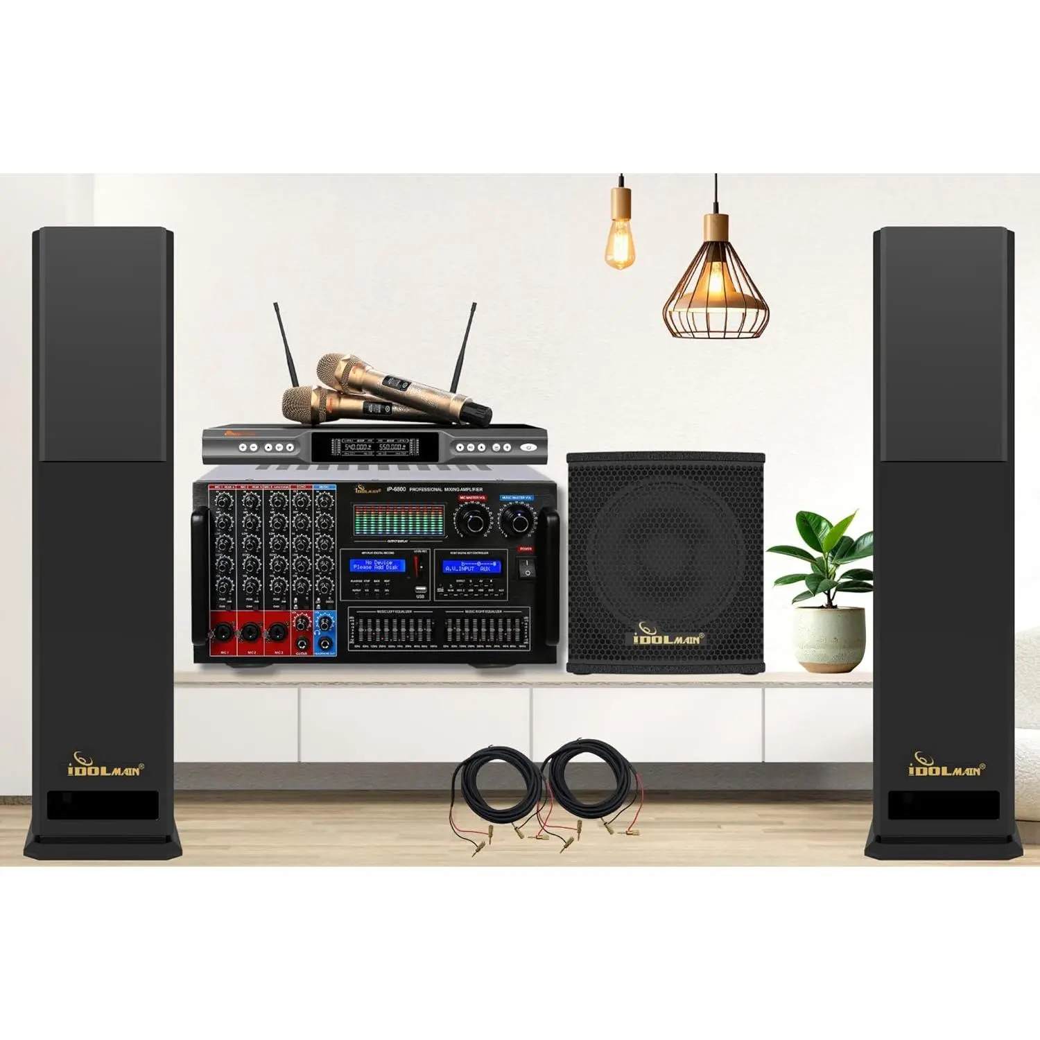 Complete High-End Home Professional Karaoke System with Floor Standing Speakers, Dual High Tech Wireless Microphones and 8000W Mixing Amplifier, and 1200W Super Bass Subwoofer