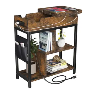 GARVEE Rustic Brown End Table with Charging Station, 2 USB Ports, Flip Top, Hidden Storage, Shelves, for Living Room, Bedroom