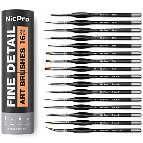 Nicpro 16-Pack Detail Paint Brushes Set, Art Crafting Kit with Triangular Synthetic Hair Handles, Art Supplies Kit for Acrylic & Watercolor Painting, Includes Holder, Dust Bag & Maintenance Instructions for Action Figures