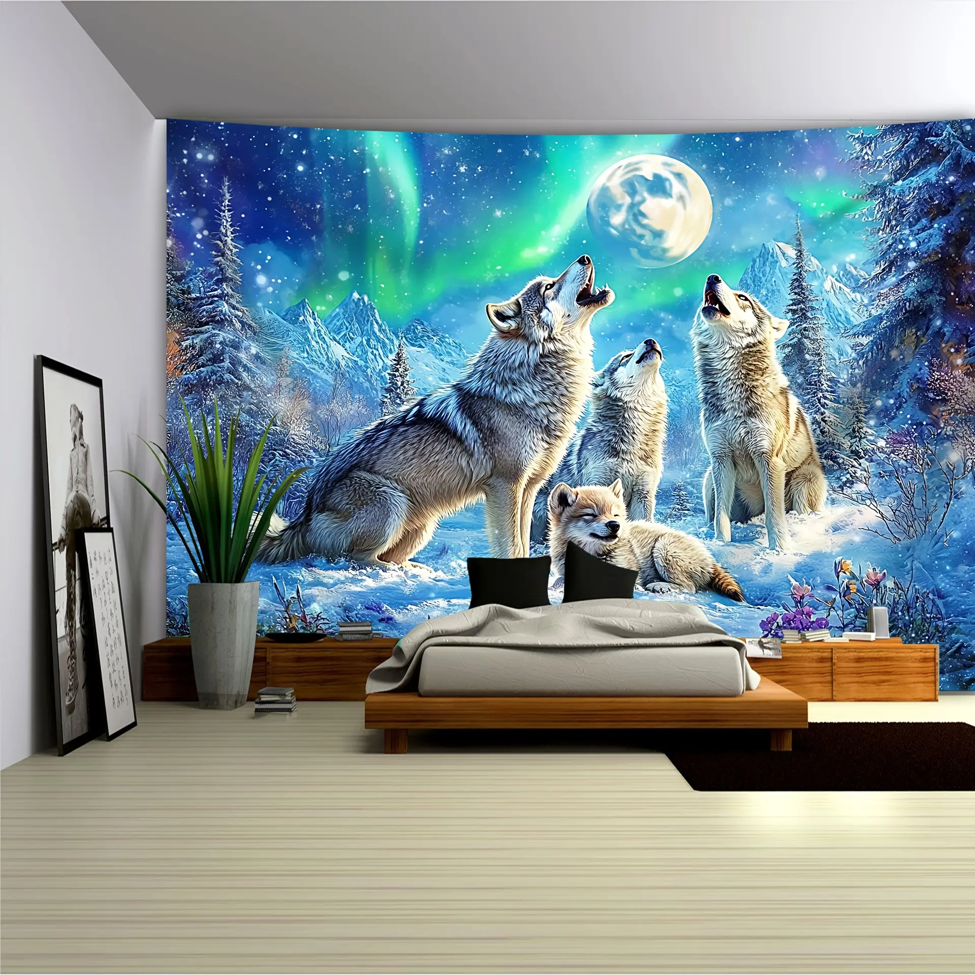 1 piece, lively ice wolf tapestry, home decoration hanging cloth, holiday gift, party decoration, live broadcast background cloth, including free installation package, wolf decoration