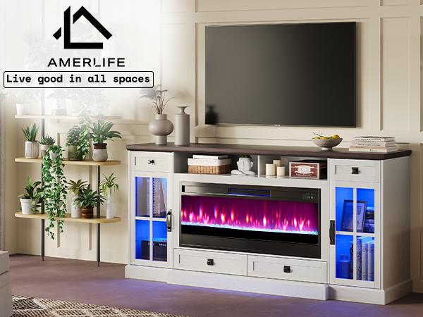 AMERLIFE 70“ Fireplace TV Stand for 80 Inch TV,Farmhouse TV Stand with 42" Fireplace & LED Lights,Entertainment Center with Storage/Christmas Gift