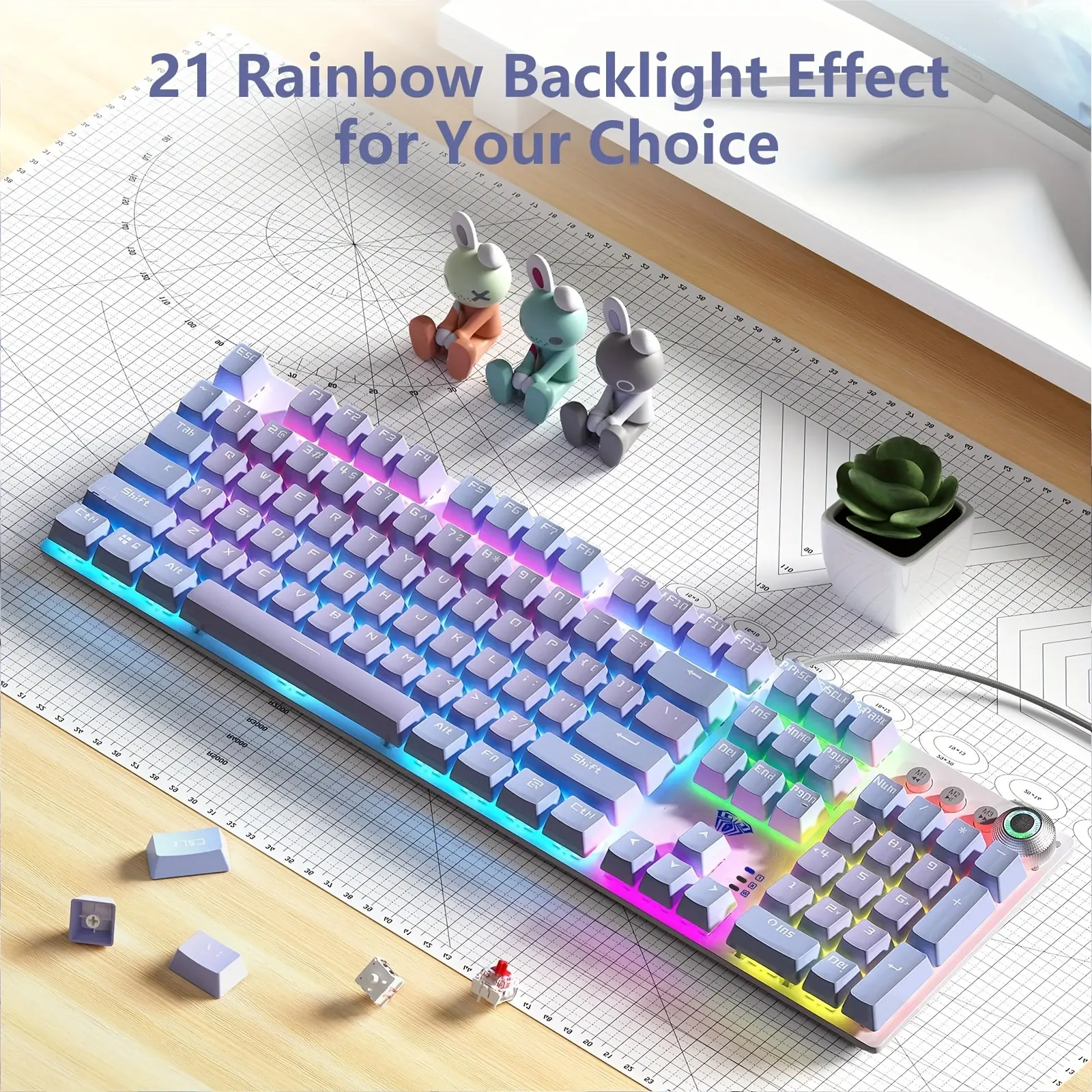 New AULA Keyboard, 108 Keys Purple Mechanical Keyboard with Rainbow Backlit, Removable Upper Cover, Red Switches, Media Control Knob, Computer Programmable Keyboar