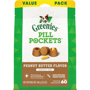 Greenies Pill Pockets Large Size Soft Dog Treats for Capsules, with Real Peanut Butter, Made with Natural Ingredients Plus Minerals & Trace Nutrients, 15.8 oz. (60 Count, Pack of 1)