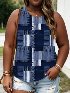 Plus Size Women's Summer Casual Fit Plaid Print Vest Sleeveless, Fashionable Comfortable Daily Wear, Perfect for Layering and Everyday Use