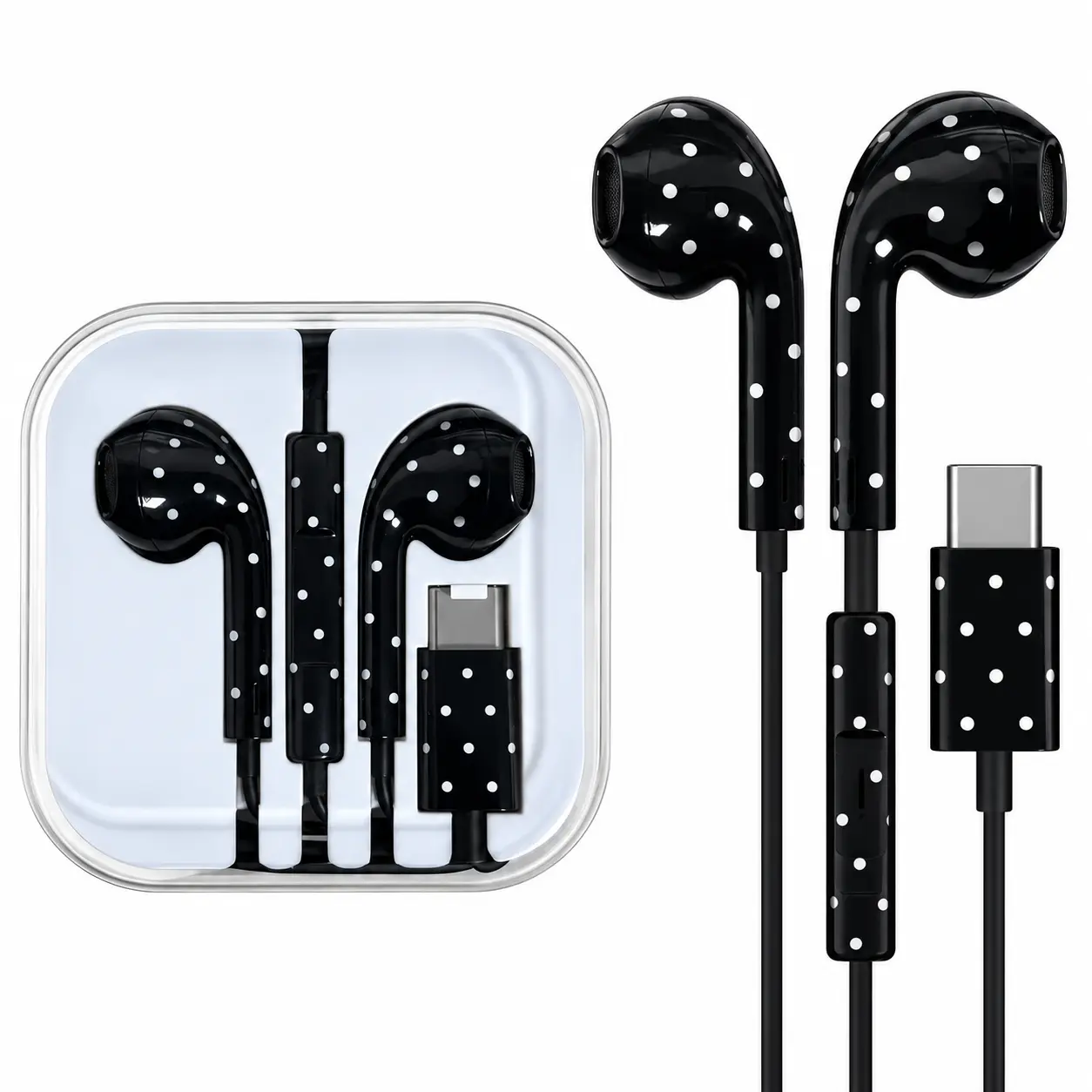 Wired USB C Earbuds with Microphone & Remote Control, Polka Dot In Ear Headphones with Volume Button, Colorful Printed Earphones for Clear Calls, Music, Gaming, Travel, Work, Halloween & Christmas Gift Ideas