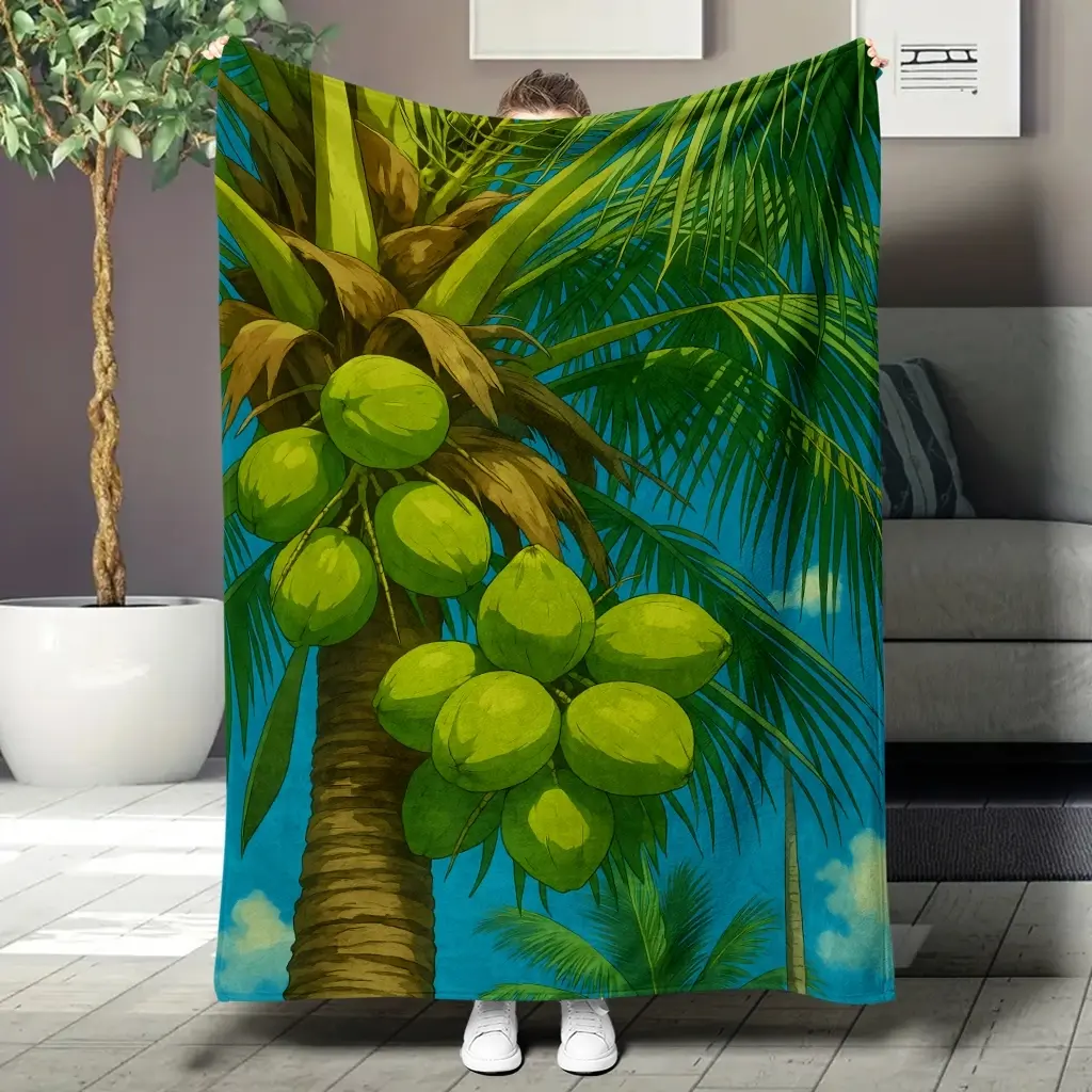 Coconut tree, green coconuts, blue sky background - a must-have blanket for lunch breaks and home, the perfect Valentine's Day gift.