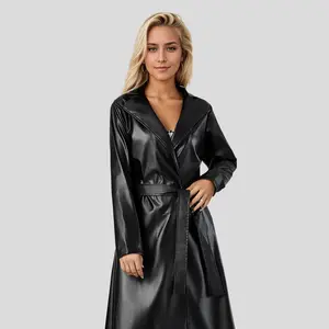 Women's Faux Leather Trench Coat - Wide Lapel Wrap Style with Self-Tie Belt, Soft Smooth Faux Leather, Mid-Calf Length & Long Sleeve, Timeless Black Design for Office, Casual & Evening Outings