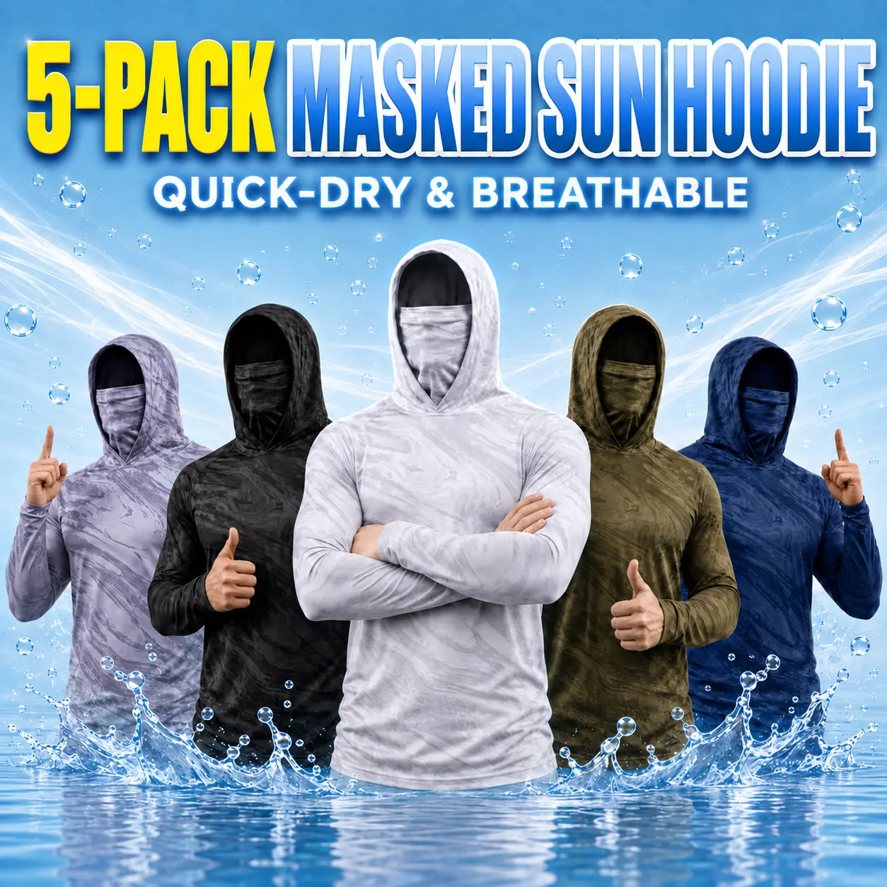 5-piece mens sun protection hoodie packCamouflage Long Sleeve Hooded Shirt with Balaclava Face Mask,Sun Protection Fishing Hunting Rash Guard Fishing, Tactical Outdoor Use Outdoor Work, Breatheable, Mens Clothing, Male