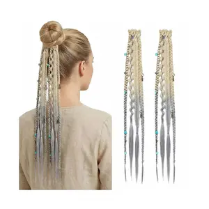 2Pcs Boho Clip in Braid Hair Extensions for Women, 16" Viking Dreadlock with Beads & Charms, Seamless Braided Hairpieces for Festival Cosplay Daily, Light Blonde to Grey