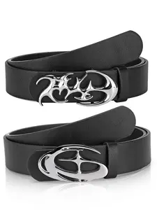 Couple Waist Belts Y2K Gothic Style, Hollow Out Silver Color Buckle Leather Belt, Unisex Plain PU Material, All Seasons Fashion