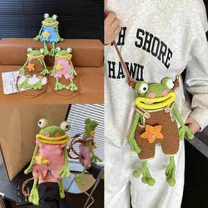 Handmade Crochet Big Mouth Frog Cartoon Knitted Bag 2025 New Sausage Mouth Yarn Crochet Finished Product Children's Parent-Child Crossbody Cute Phone Bag Overalls Ugly Cute Shoulder Bag for Everyday Use