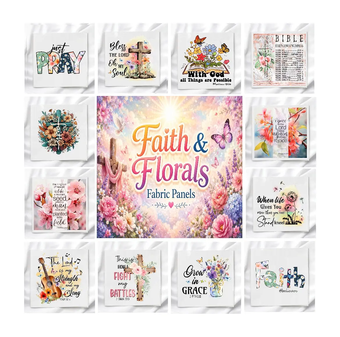 Faith and Florals Fabric Panels for Quilting, Sewing, Crafting, Quilt Blocks