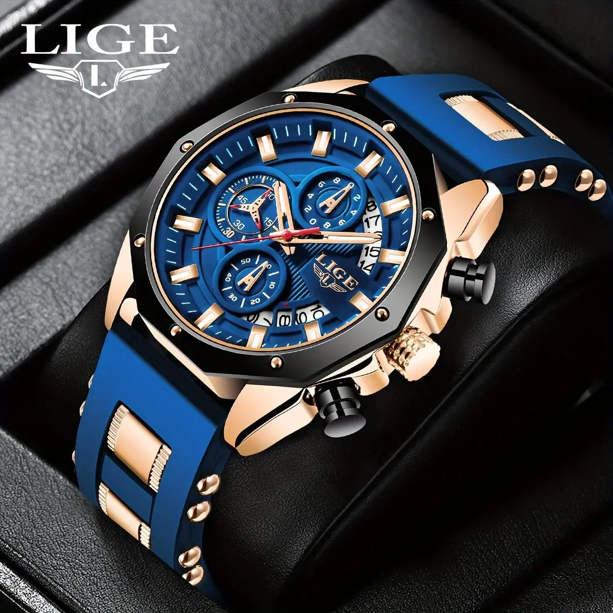 LIGE Men's Sporty Analog Quartz Watch - Round Face Chronograph, Blue Silicone Strap, 30M Water Resistant, Men's Accessories, Ideal Mens Gift for Father's Day, Unique Gift Option for Loved Ones, Analog Quartz Watches