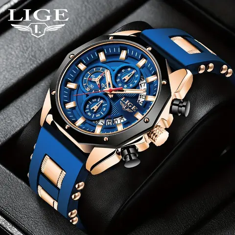 LIGE Men's Classic Analog Quartz Watch - 46mm Fashion Waterproof Outdoor Sport Chronograph, Silicone Band, Glow-in-Dark Read Hands, Mineral Glass, 30M Water Resistant, Round Dial, Men's Accessory, Birthday Gifts for Him, Gift for Boyfriend