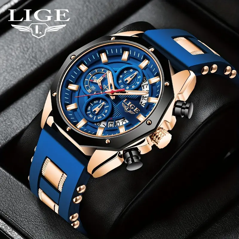 LIGE Men's Classic Analog Quartz Watch - 46mm Fashion Waterproof Outdoor Sport Chronograph, Silicone Band, Glow-in-Dark Read Hands, Mineral Glass, 30M Water Resistant, Round Dial, Men's Accessory, Birthday Gifts for Him, Gift for Boyfriend,sohochic